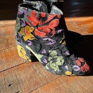 Floral Embroidered Black Velvet Ankle Boots - Women's